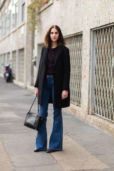 blue puffed jeans with black long wool coat