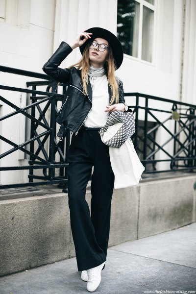 black flared trousers white leather jacket in top with lids