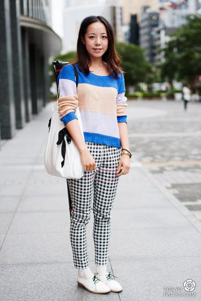 checkered pants color block knitted sweater