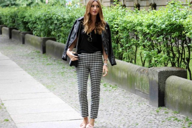 checkered cropped trousers black leather jacket