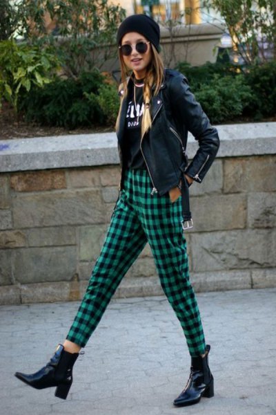 plaid trousers black leather jacket knitted hat