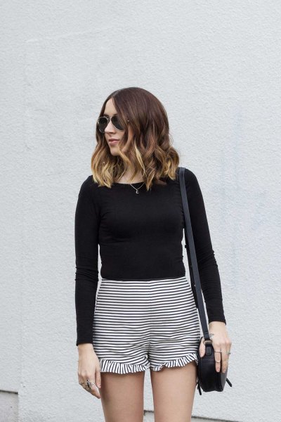 ruffled striped shorts black long sleeve fitted tee