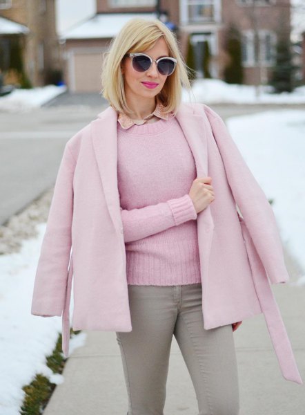 pink wool coat matching fitted knit sweater