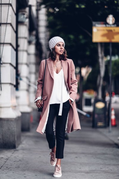 pink wool color white deep v-neck vest top black jeans