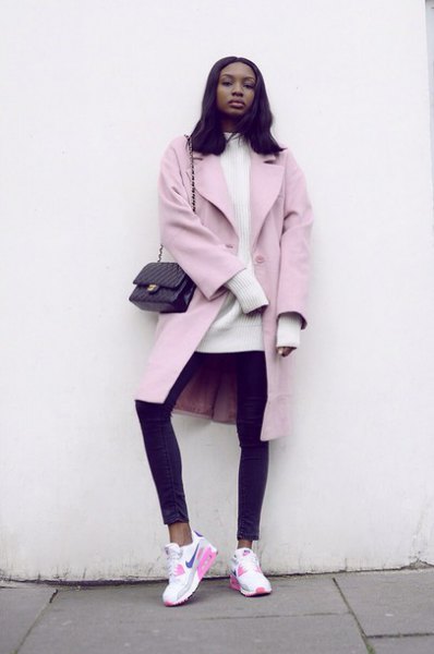 light pink long wool coat white mock neck knit sweater dress