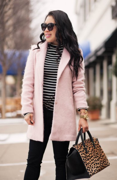 pale pink wool coat black and white striped mock neck T-shirt