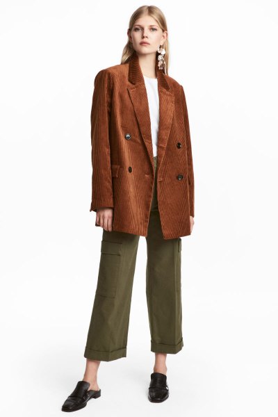 brown corduroy oversized blazer green wide leg cropped twill pants