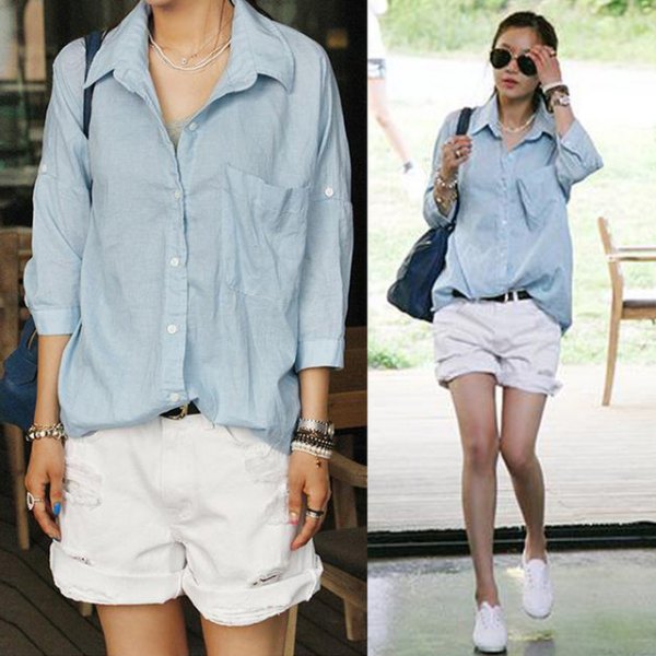 gray blue button up shirt cuffed white denim shorts