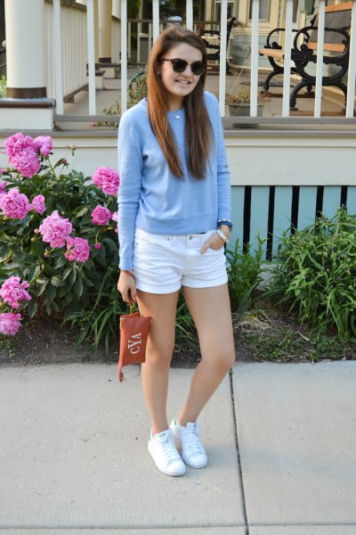 sky blue fitted sweater white denim shorts