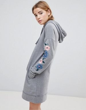 gray floral embroidered hoodie dress