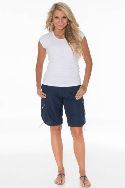white cap sleeve tee navy blue long cargo shorts