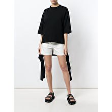 black large tee-white mini-shorts