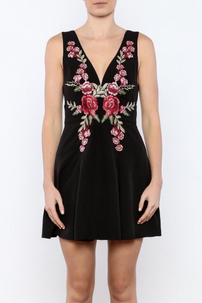 black deep v-neck pink embroidered mini flared dress