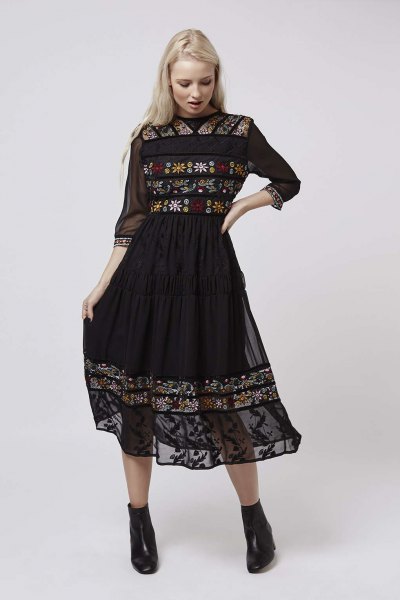 black three quarter sleeve chiffon embroidered flared midi dress