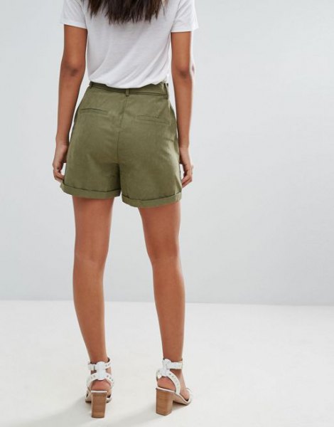 white t-shirt green cargo shorts with heel sandals
