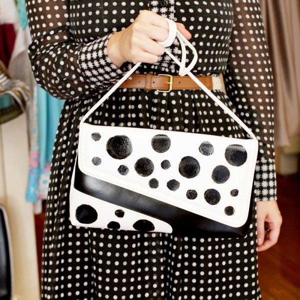 black and white spotted belt dress matching handbag