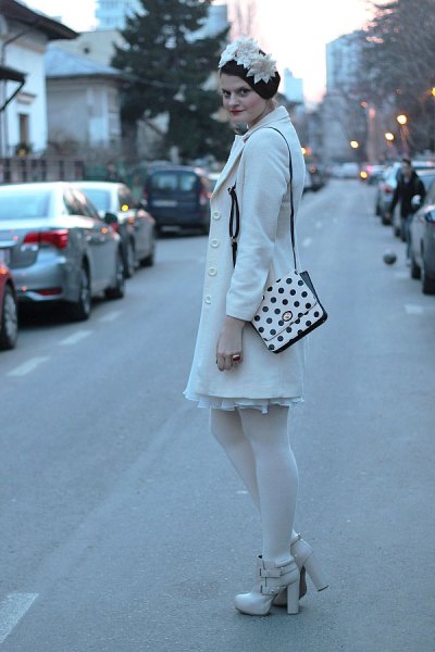 polka dot wallet white wool coat pleated dress