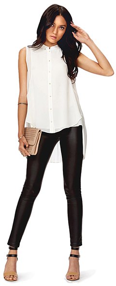 white chiffon sleeveless blouse leather leggings