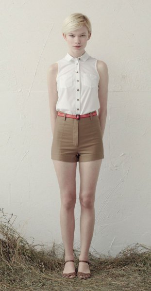 white button up sleeveless blouse green high waist mini shorts