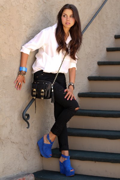 blue suede with open toe heels white shirt black ripped jeans