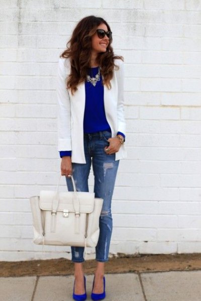 blue chiffon blouse white blazer
