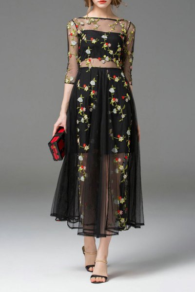 two black chiffon floral embroidered dress