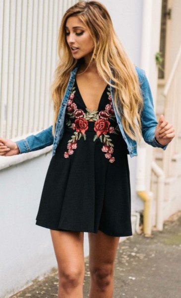 blue denim jacket black deep v-neck floral embroidered mini dress
