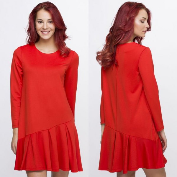 red asymmetrical waist dress with long sleeves