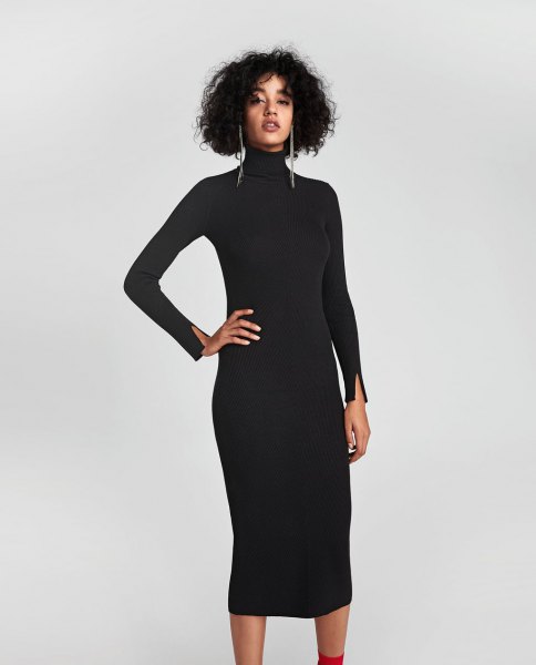 black turtleneck midi-ribbed dress