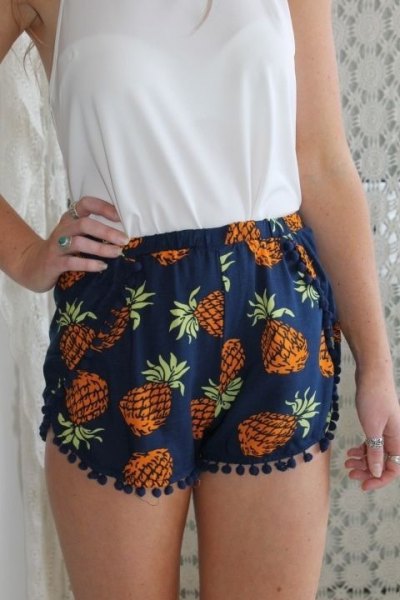 navy pineapple printed tassel shorts white sleeveless blouse