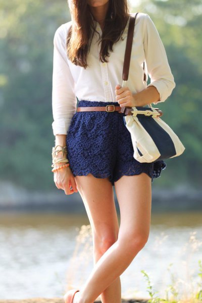navy lace cute shorts white button up shirt