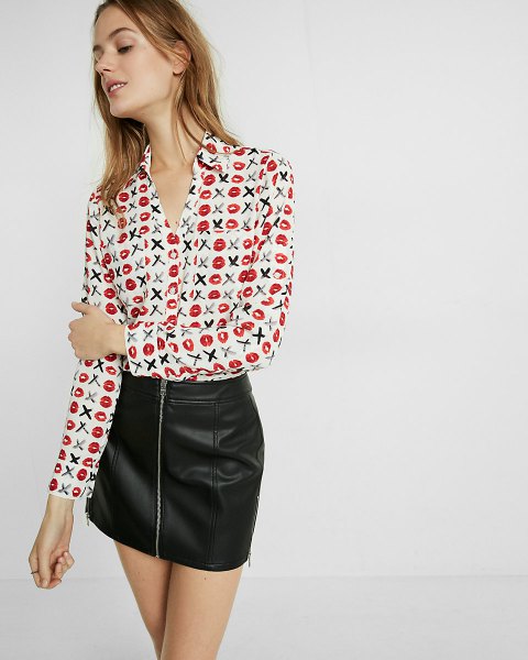 white printed button up slim fit shirt mini leather skirt