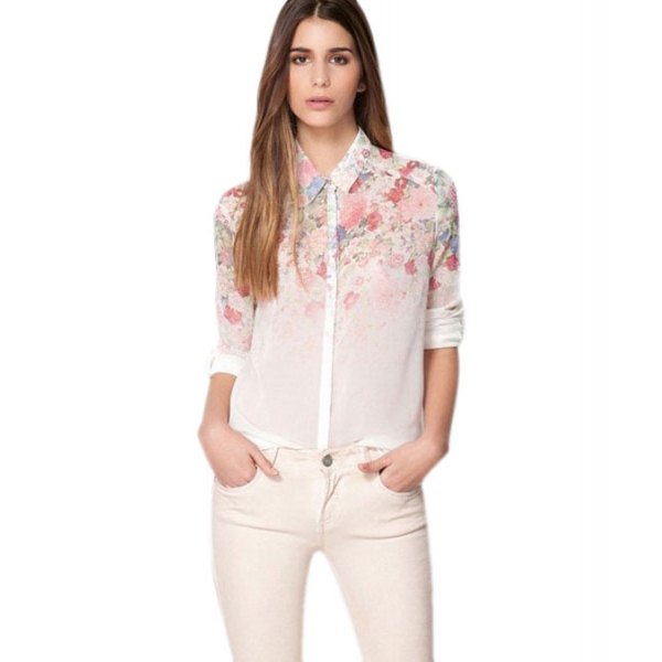 white floral chiffon shirt slim jeans