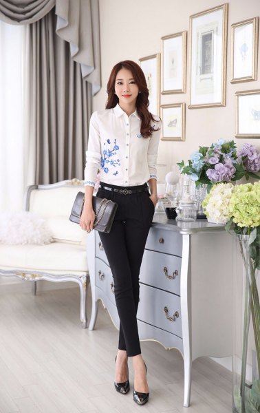 white flowers embroidered slim fit shirt skinny chinos