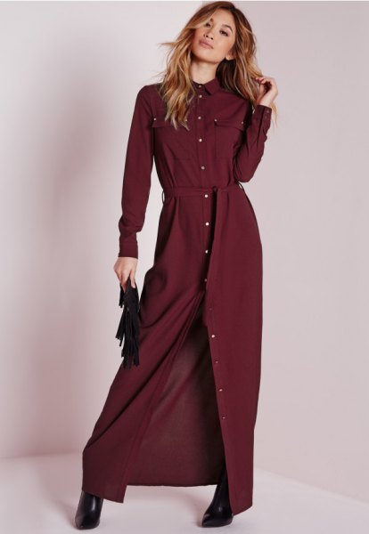 maxi burgundy belt shirt dress