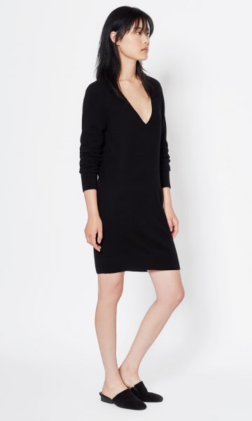 long sleeve black deep v cashmere mini dress