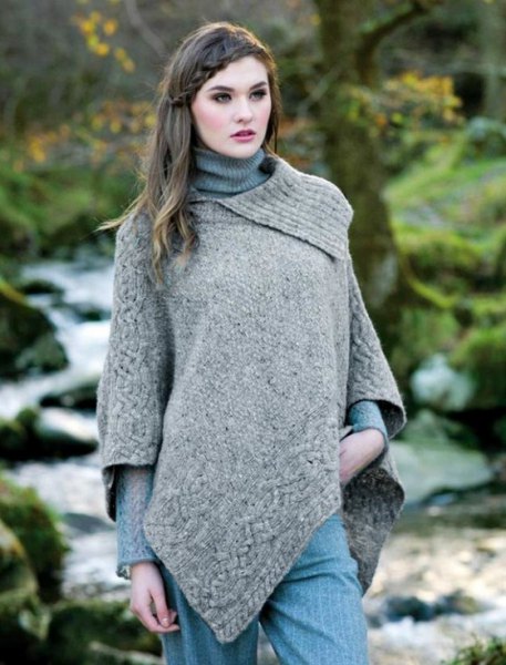 light heather gray wool poncho over rib knit sweater