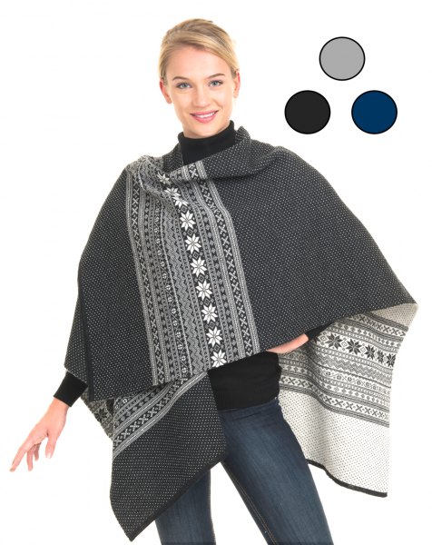 stem printed gray and white wool poncho