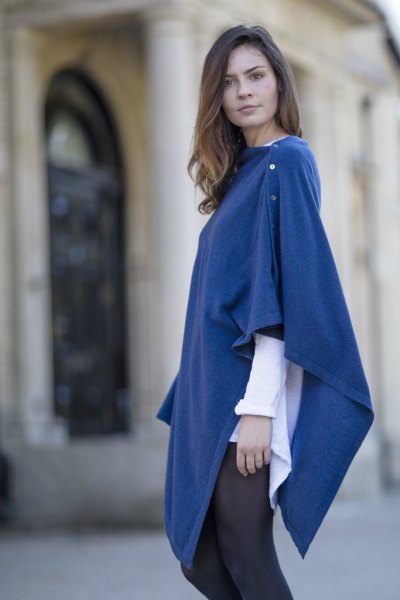 blue buttoned wool poncho white shirt