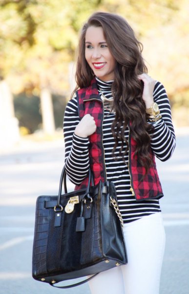 red and black plated full zipper vest black and white striped mock neck top
