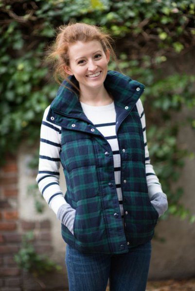 gray and navy checkered vest white and navy striped sweater