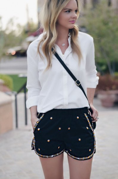 white chiffon button up shirt black sequin embroidered shorts