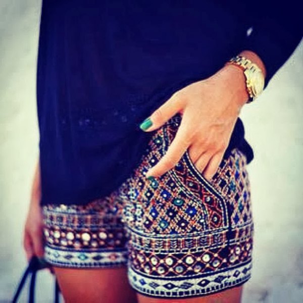 black long sleeve blouse embroidered shorts