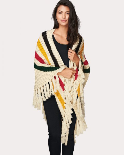 multicolored striped knit fringes with all black outfit