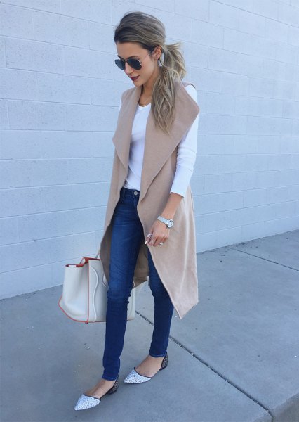 blush pink wool sleeveless long gray white jeans