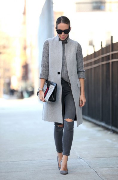 light gray long-sleeved, chunky knit sweater