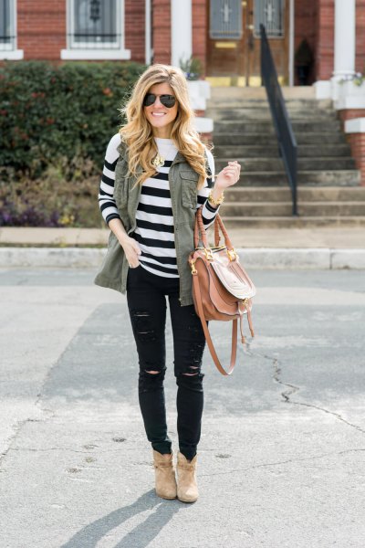olive vest white and black striped knitted sweater