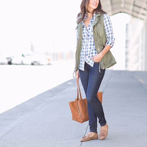 blue and white plaid button up shirt slim jeans