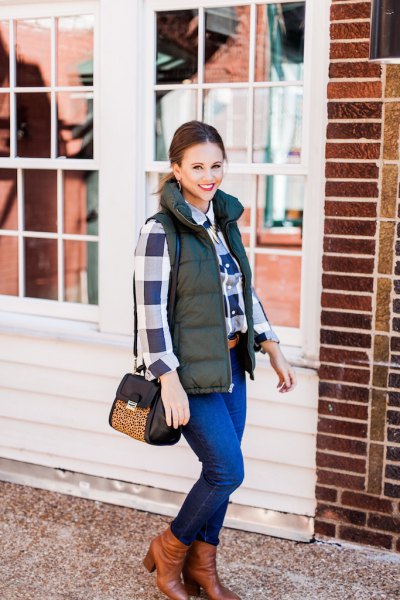olive quilted vest navy blue and white plaid boyfriend shirt