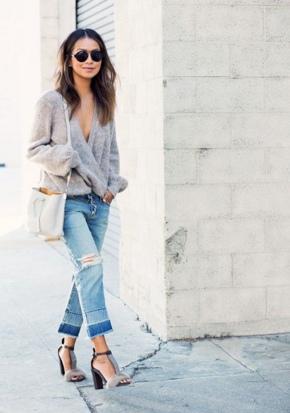 gray knitted wrap cardigan cropped boyfriend jeans